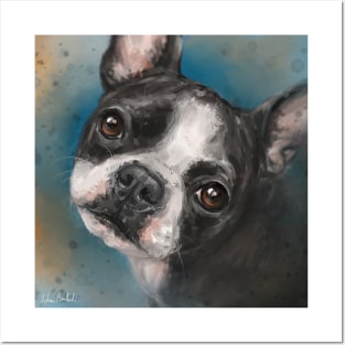 Contemporary Painting of a Cute Boston Terrier on Blue Background Posters and Art